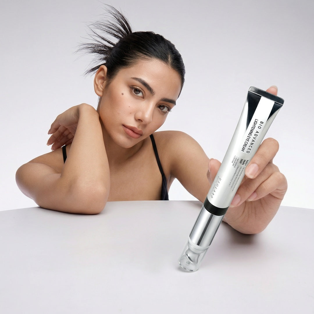 USOLAB Bio Advanced Lightening Eye Cream with galvanic applicator held by a model, K-City Dubai